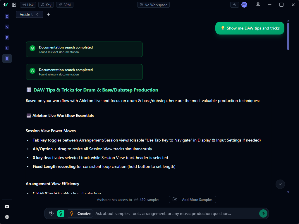 AI Assistant chat showing sample search and production advice