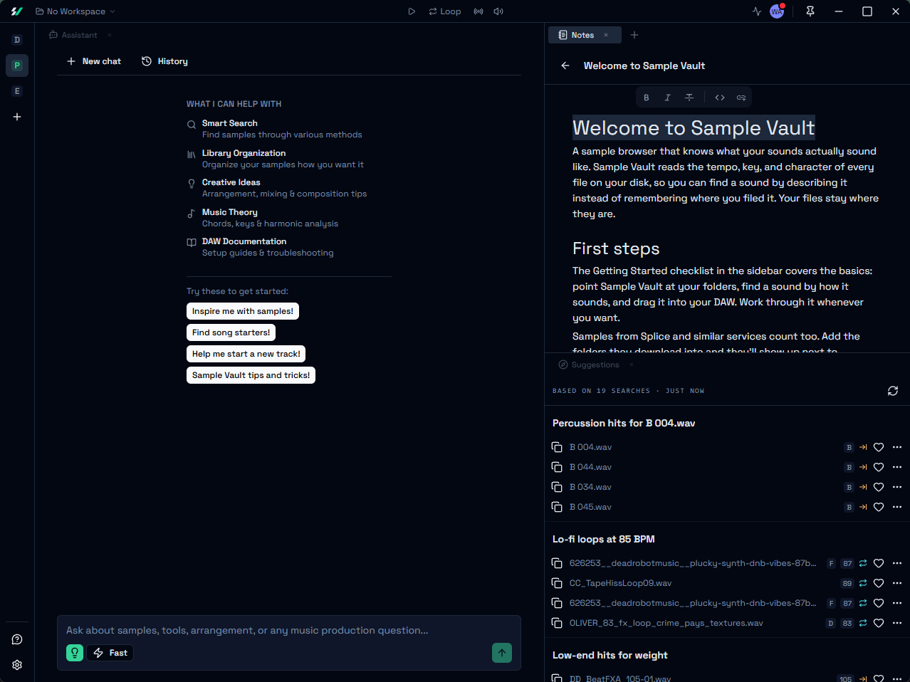Sample Vault notes panel alongside the suggestions panel ranking complementary samples