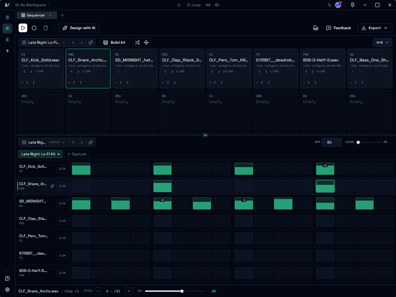 Sample Vault sequencer panel building a pattern from samples in the local library
