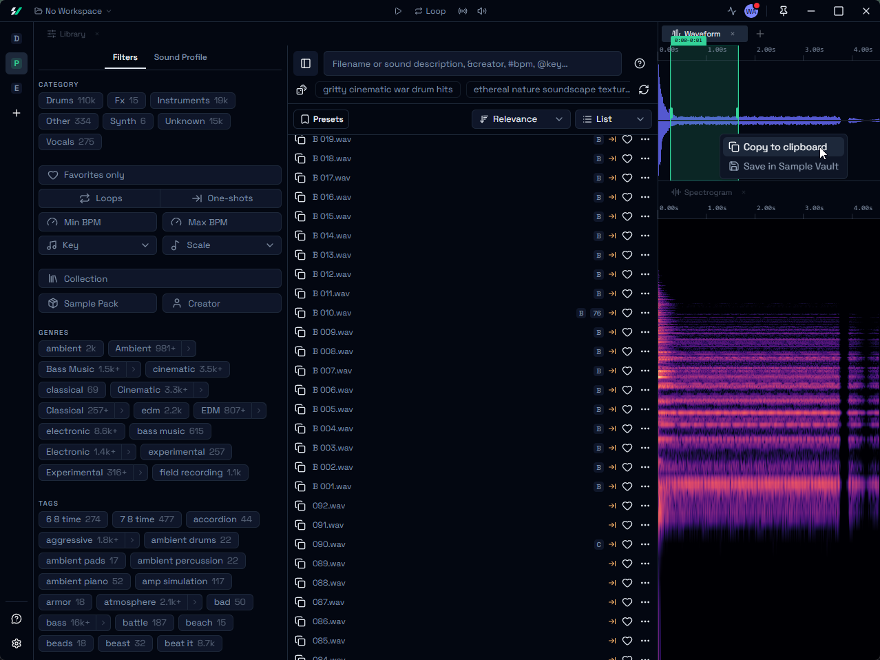 Sample Vault waveform and spectrogram visualisers analysing a sample