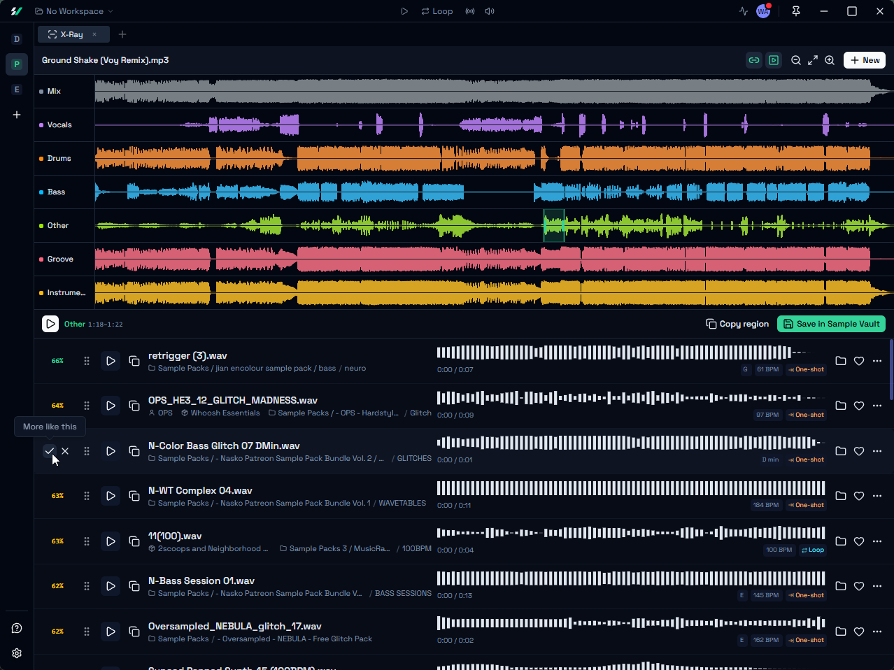 Sample Vault X-Ray panel matching a selected region of a track against sounds in the producer's own library